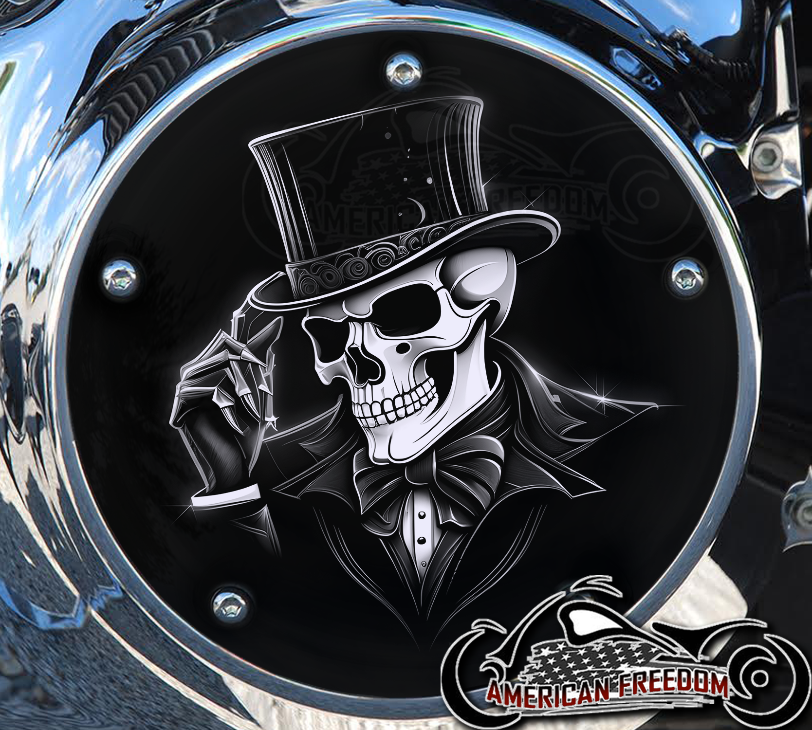 Custom Derby Cover - Top Hat Skull (BW)